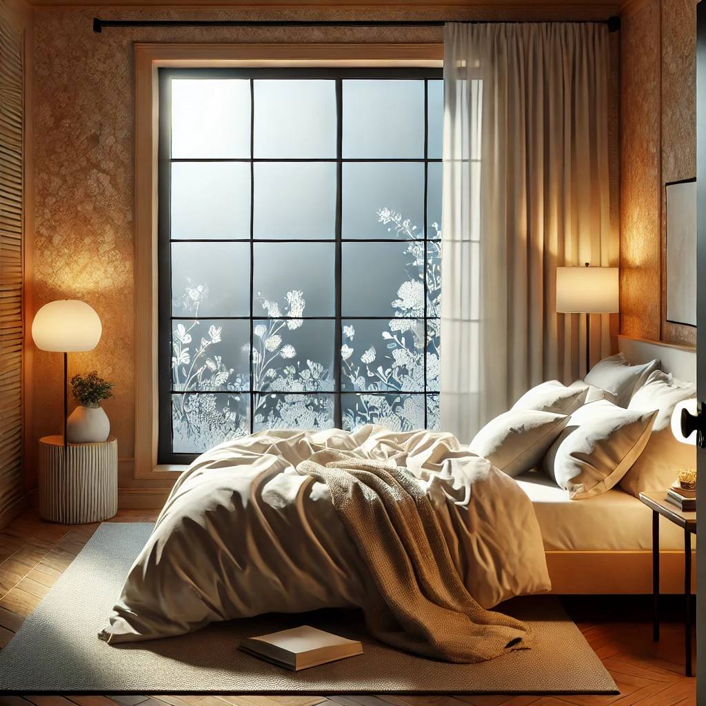 DALL·E 2024 10 29 22.23.27 A cozy bedroom setting with a window covered in frosted privacy window film. The window film has a light floral or abstract pattern allowing soft di