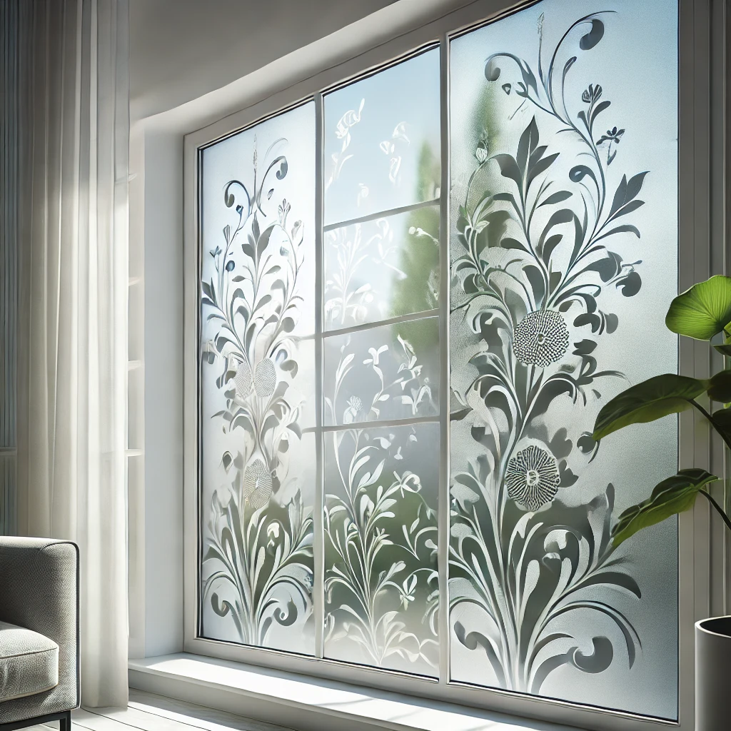 DALL·E 2024 11 14 12.22.52 An image representing the theme Window Film for Home Windows showcasing a close up of a modern window with decorative window film applied. The wind