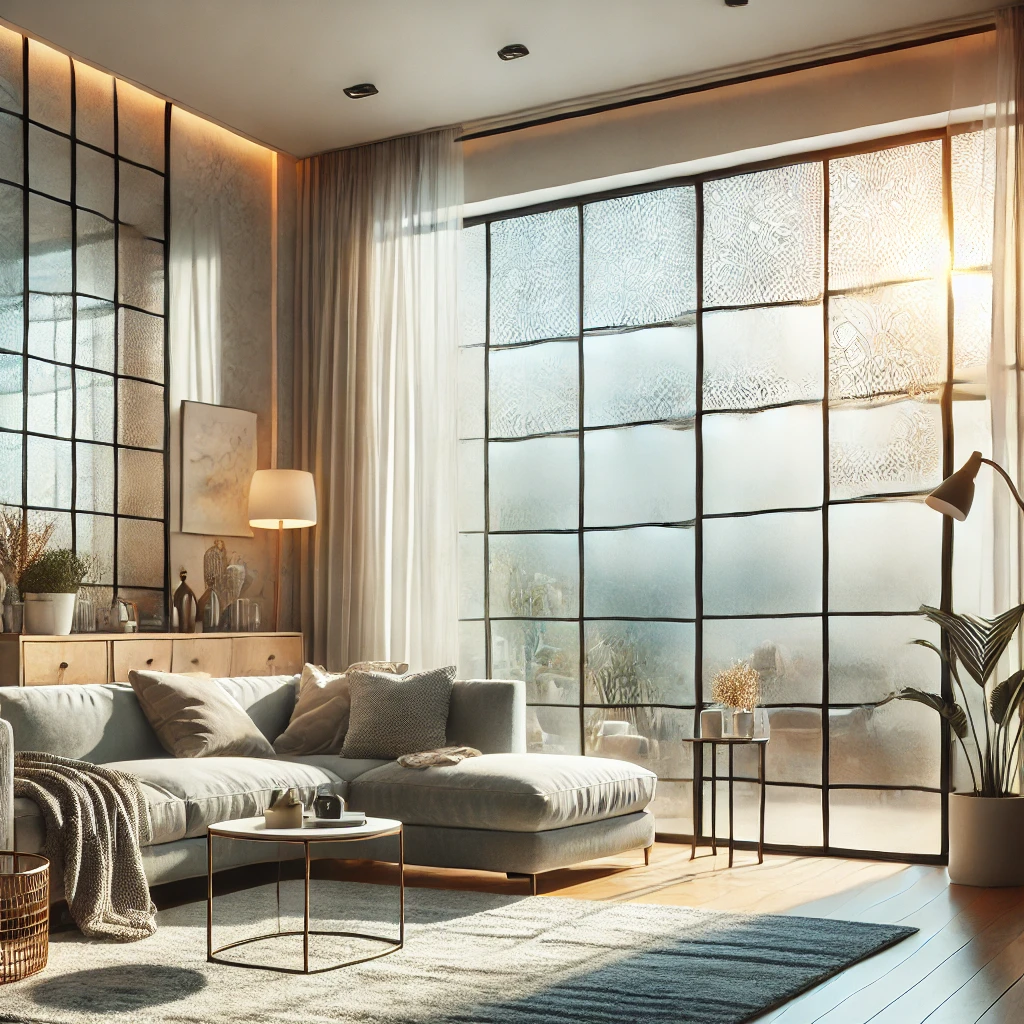 DALL·E 2024 11 14 23.07.22 An image representing the theme Window Film for Living Room featuring a cozy modern living room with a large glass window. The window has a decora