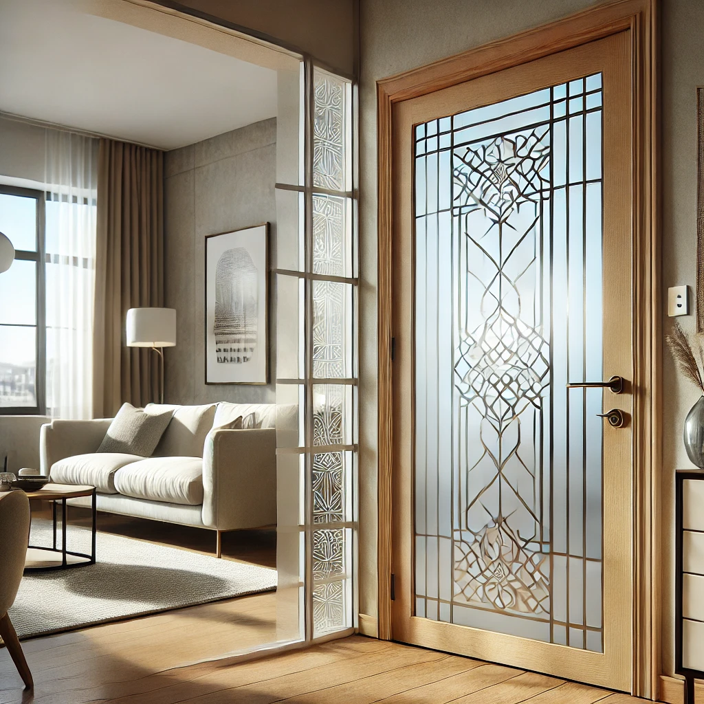 DALL·E 2024 11 16 16.53.21 An image showcasing a stylish glass door with decorative window film applied. The door features a modern frosted decal with elegant geometric patterns