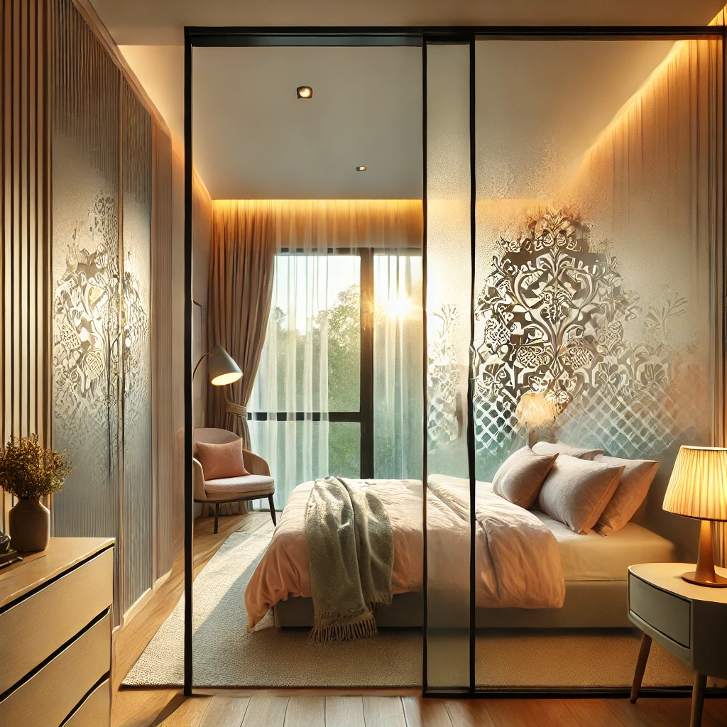 DALL·E 2024 11 16 16.58.00 An image showcasing a cozy bedroom with a glass door partially covered by decorative window film. The decal features elegant frosted patterns offerin