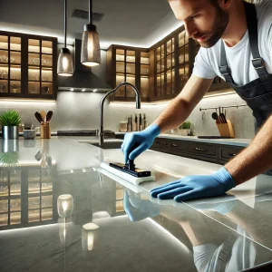 DALL·E 2024 12 10 22.56.04 A realistic scene of a professional technician applying a clear protective PPF Paint Protection Film to a modern kitchen countertop made of polished